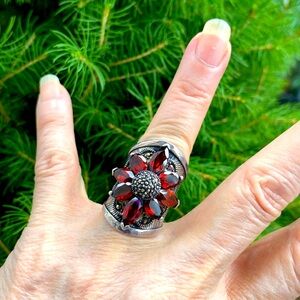 Bold Red Genuine Garnet Wide Band Ssilver Ring stamped 925 KTHA.?